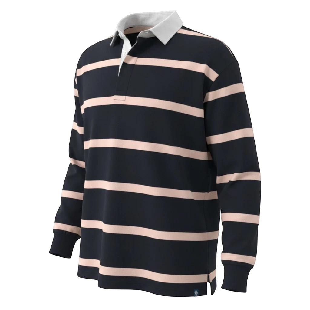 Withernot navy and light peach striped long sleeve rugby shirt with white collar.