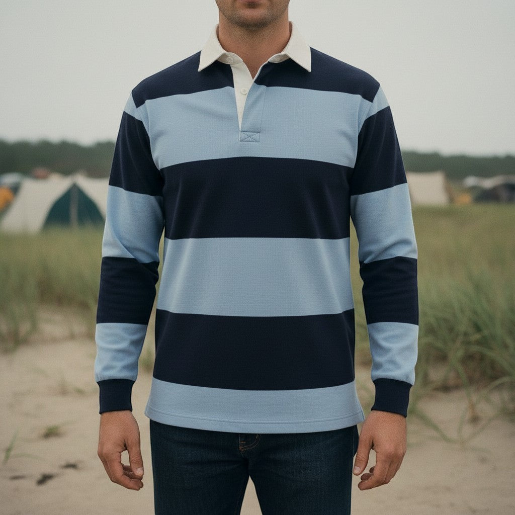 Withernot Hatteras Rugby Shirt in navy and washed blue stripes, long sleeves, white collar, and button placket.