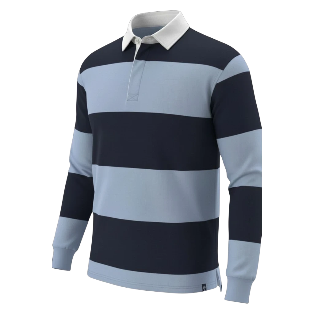Withernot Hatteras Rugby Shirt in navy and washed blue stripes, long sleeves, white collar, and button placket.