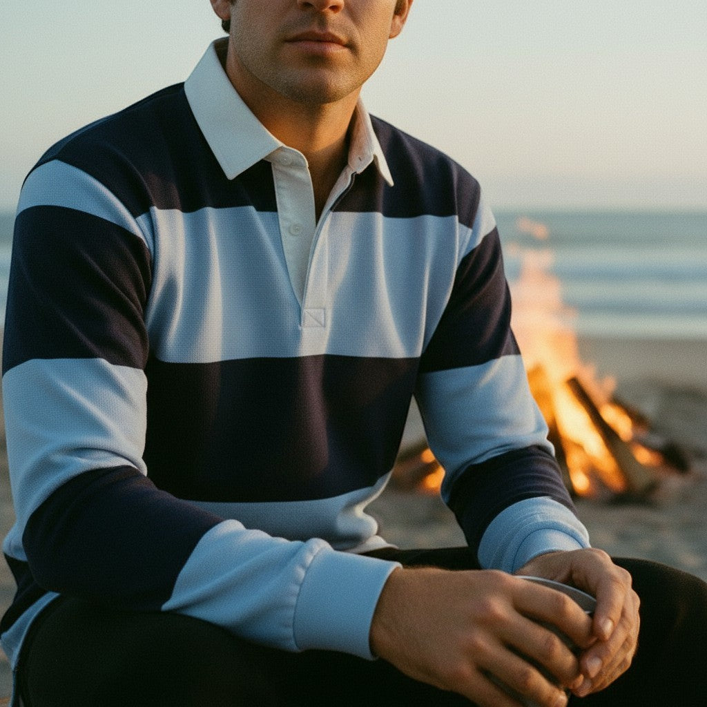 Withernot Hatteras Rugby Shirt in navy and washed blue stripes, long sleeves, white collar, and button placket.