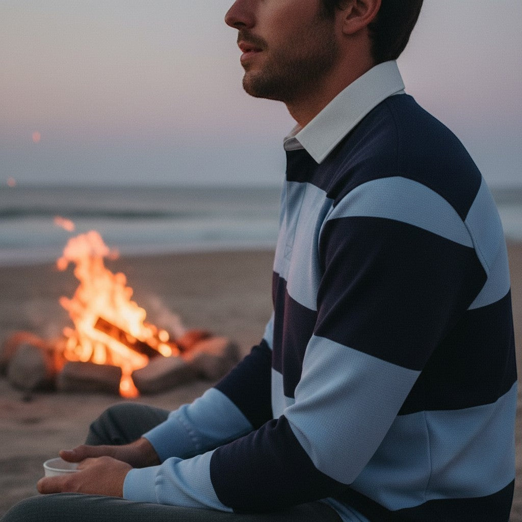 Withernot Hatteras Rugby Shirt in navy and washed blue stripes, long sleeves, white collar, and button placket.