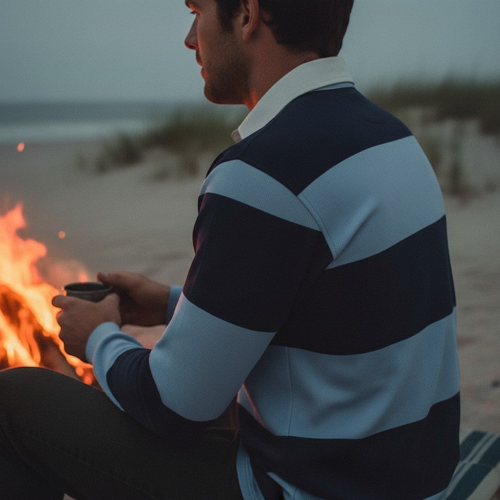Withernot Hatteras Rugby Shirt in navy and washed blue stripes, long sleeves, white collar, and button placket.