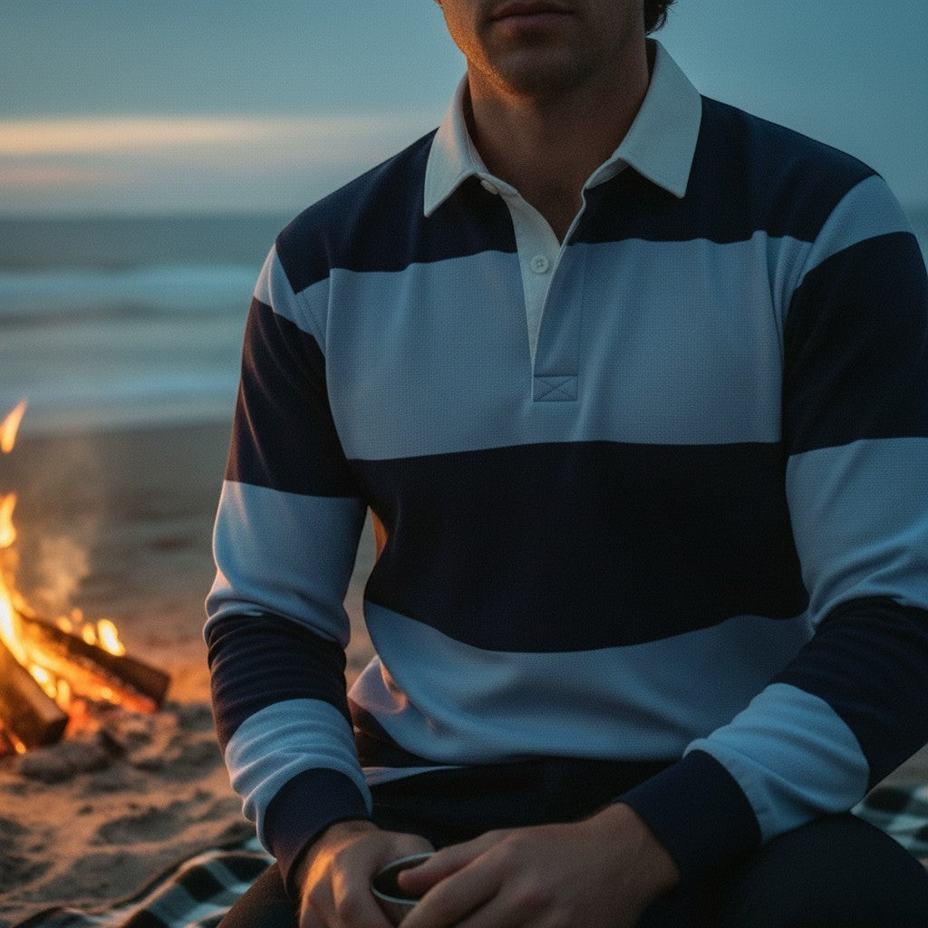 Withernot Hatteras Rugby Shirt in navy and washed blue stripes, long sleeves, white collar, and button placket.