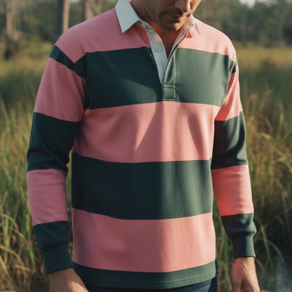 WithernotEverglade rugby shirt with coral pink and dark green horizontal stripes, white collar, and long sleeves.