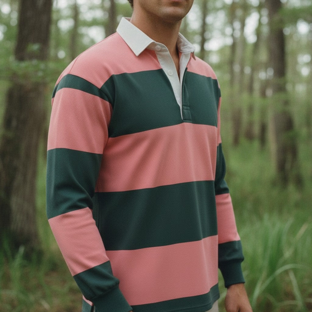 WithernotEverglade rugby shirt with coral pink and dark green horizontal stripes, white collar, and long sleeves.