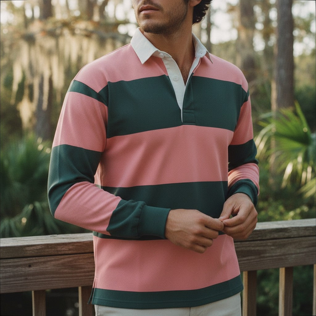 WithernotEverglade rugby shirt with coral pink and dark green horizontal stripes, white collar, and long sleeves.
