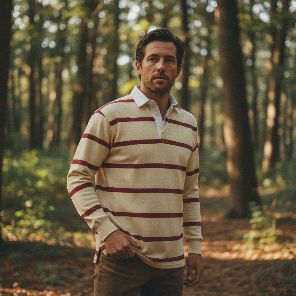 Withernot Monhegan rugby shirt in cream with maroon horizontal stripes and a white collar.
