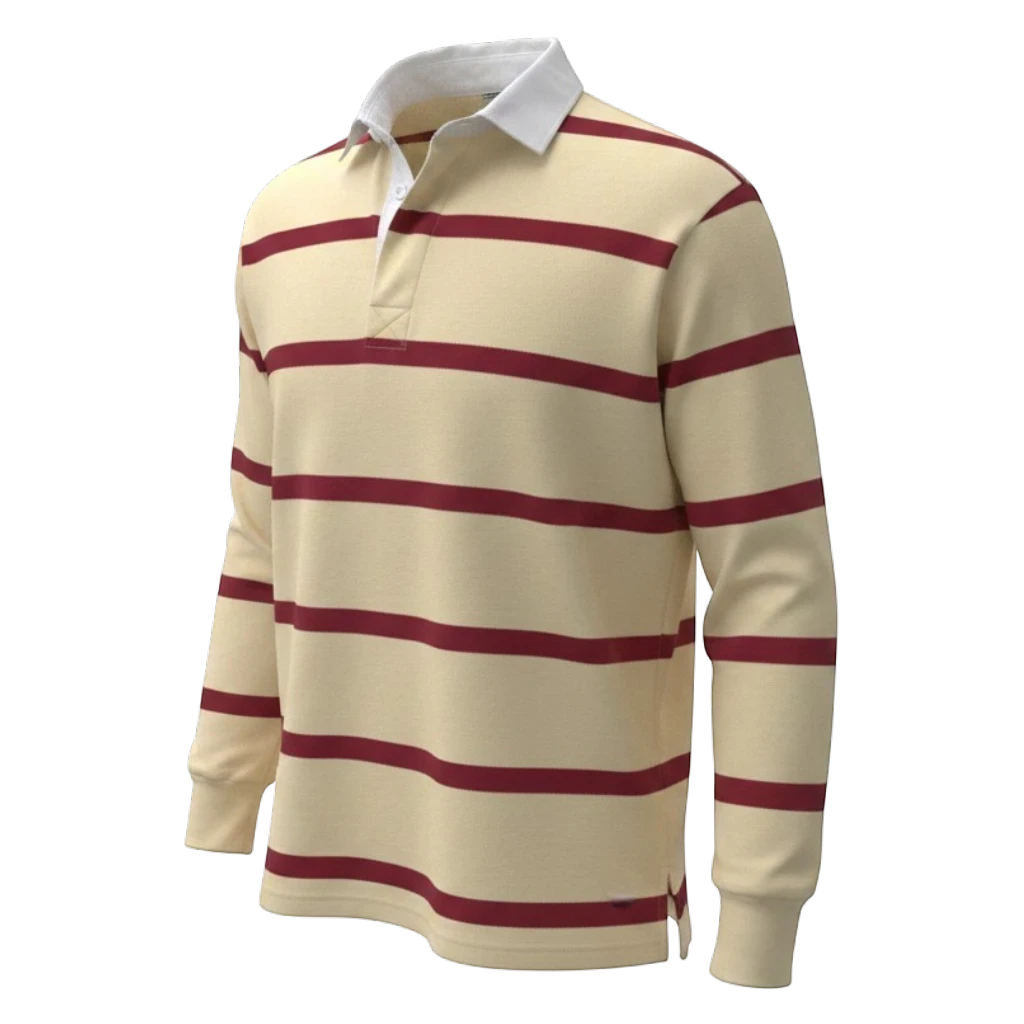Withernot Monhegan rugby shirt in cream with maroon horizontal stripes, white collar, and button placket.