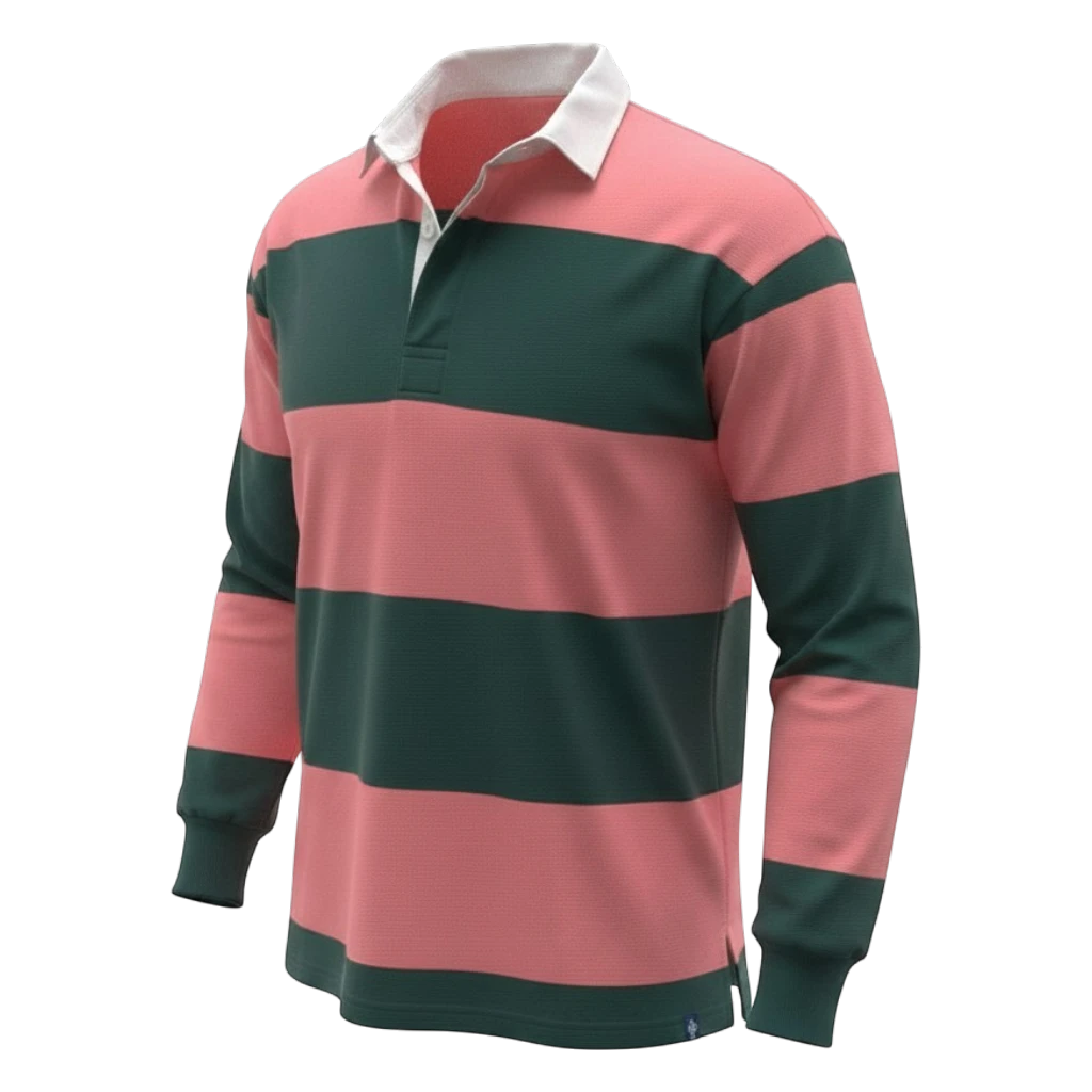 WithernotEverglade rugby shirt with coral pink and dark green horizontal stripes, white collar, and long sleeves.
