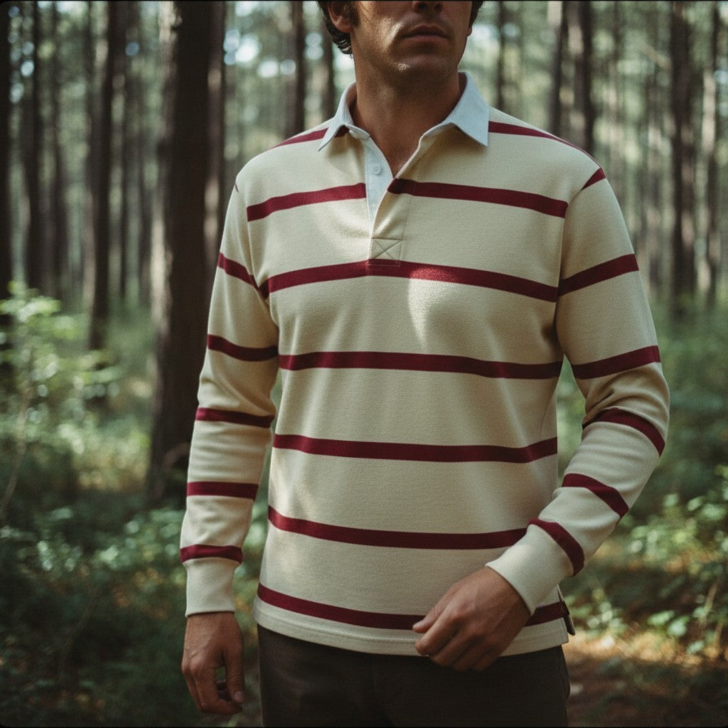 Withernot Monhegan Rugby Shirt: cream and burgundy striped long-sleeve cotton shirt with white collar and button placket.