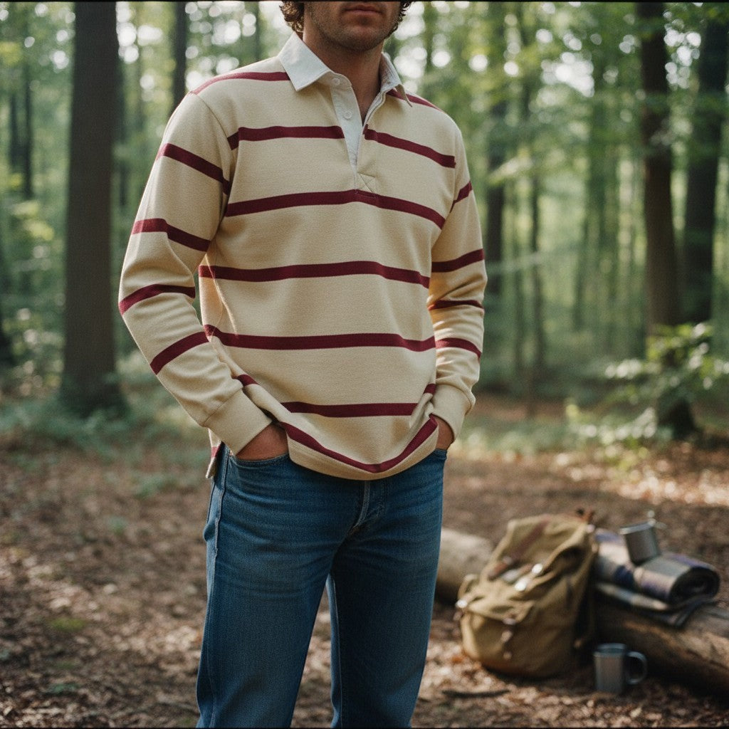Withernot Monhegan Rugby Shirt in cream with burgundy stripes, long sleeves, and white collar. Classic casual wear.