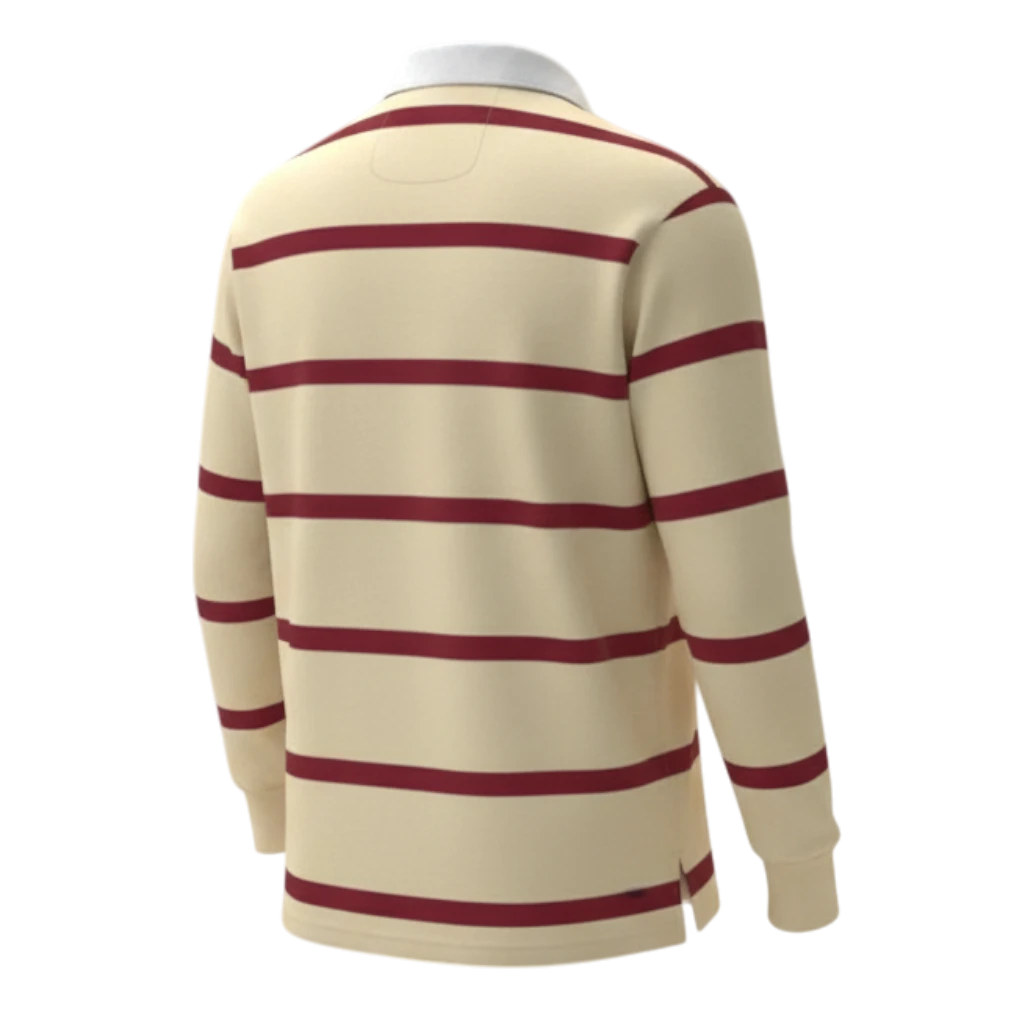 Withernot Monhegan rugby shirt in cream with maroon horizontal stripes and a white collar. Long sleeves and a relaxed fit.